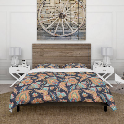 Orange And Blue Paisley Flowers - Bohemian Duvet Cover Set - Microfiber Polyester