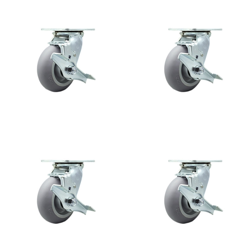 5 Inch Thermoplastic Rubber Caster Set with Roller Bearing and Brake/Swivel Lock|SCC-30CS520-TPRRD-TLB-BSL-4