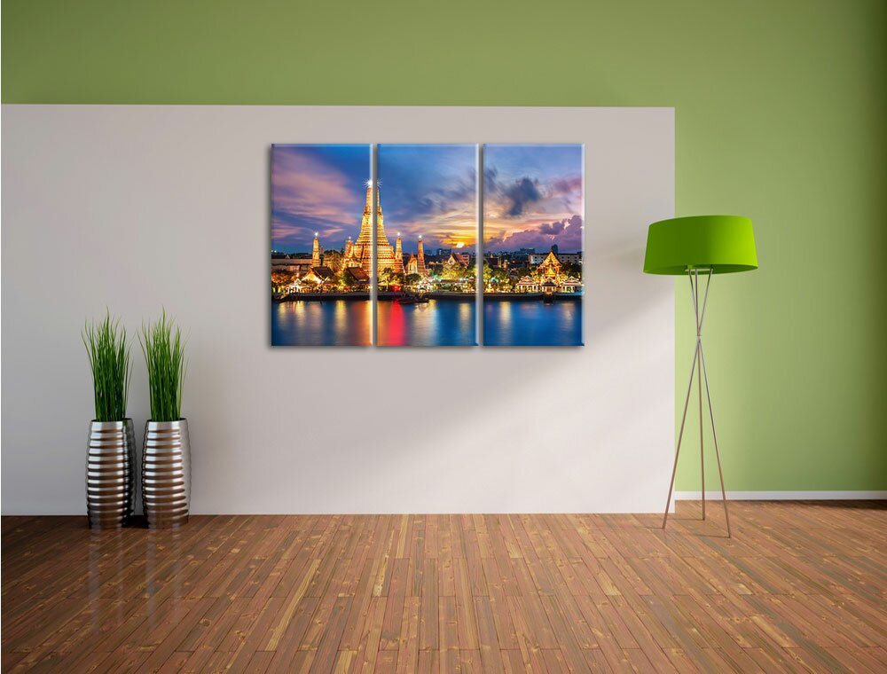 3-tlg. Leinwandbild-Set „Wat Arun Nachtansicht Tempel Bangkok Thailand“, Kunstdruck