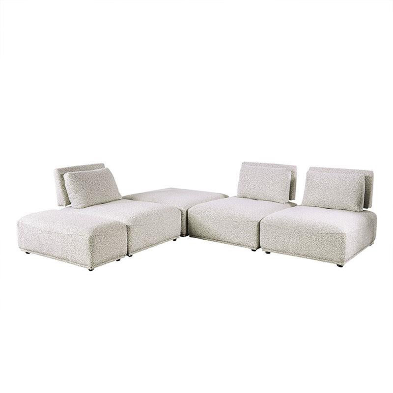 Stavan Modular L Sectional Sofa Set, White Boucle, Adjustable Backs, Light Gray Boucle