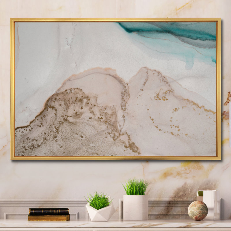 Reproduction d'art sur toile de luxe avec turquoise marbré, H 8 po x l 12 po x P 1 po, Cadre flottant doré