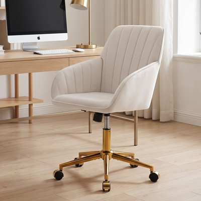 Chaise de bureau pivotante Kena, hauteur réglable, velours capitonné beige, doré