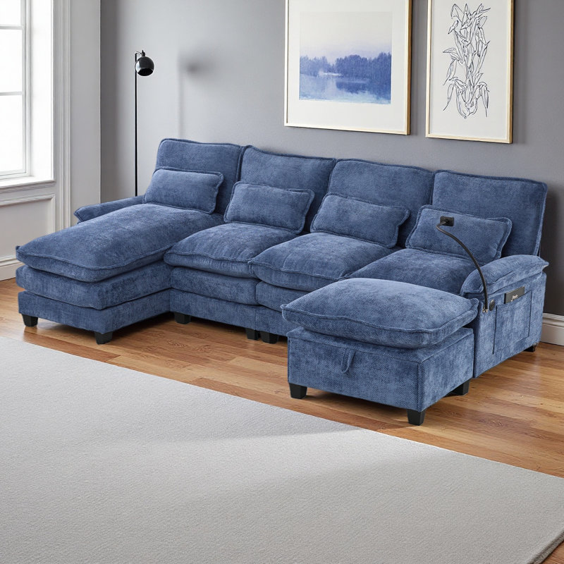 106" U Shape Sectional Sofa Cloud Couch For Living Room, Upholstery Comfy Modular Sofas, 4 Seat Chenille U-Shaped Sleeper Sofa With Chaise Lounge