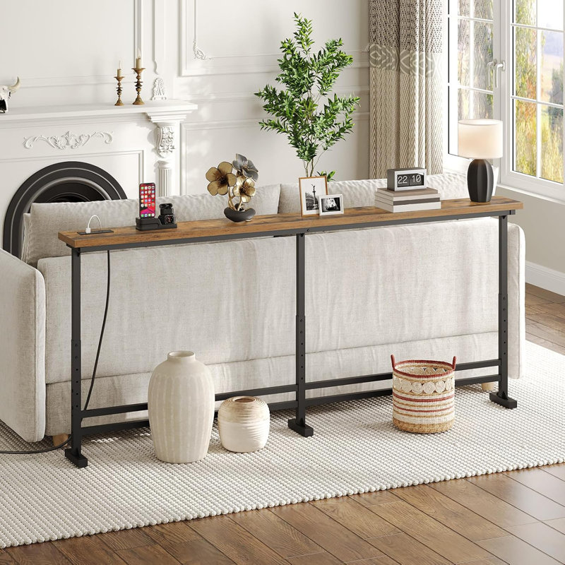 78.7" Console Table with Adjustable Height (27.6"-35.4") and Power Outlet, Skinny Behind Couch Table
