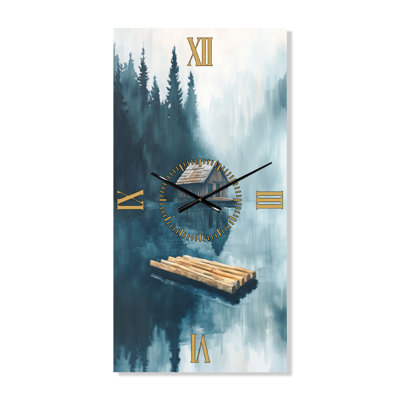 Horloge murale rustique verte en bois, motif radeau et cabane au bord du lac
