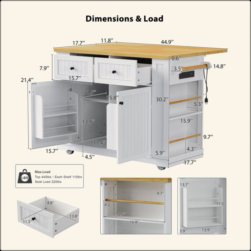 48 Inch Large Kitchen Island With Drop Leaf,Power Outlet,Internal Storage Rack,Rolling Kitchen Storage Cart On 5 Wheels With 5 Open Side Racks For Kitchen,Dining Room(Not Include Stools)