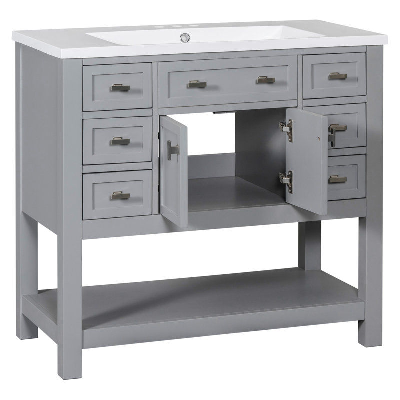 Meuble-lavabo 36 po avec lavabo supérieur, armoire de rangement moderne avec 2 portes à fermeture douce et 6 tiroirs, meuble-lavabo simple