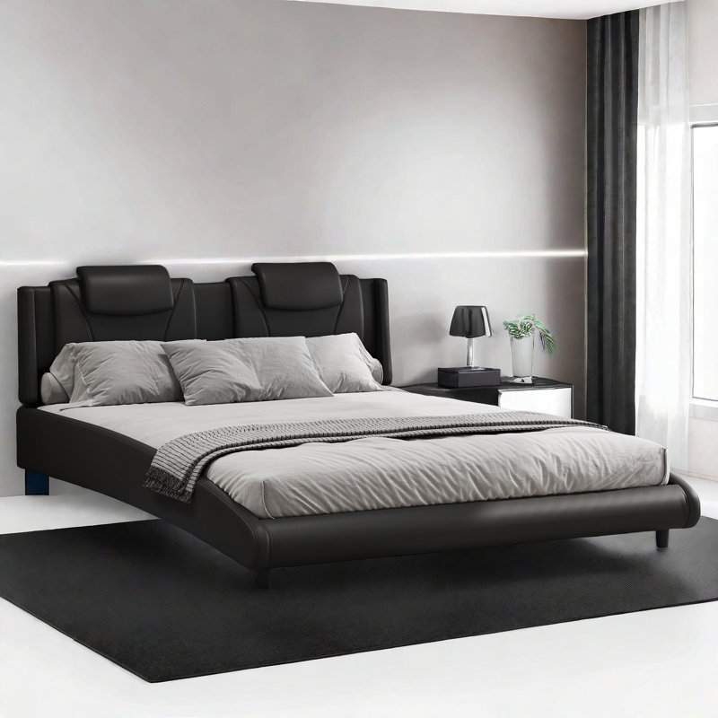 Lit plateforme tapissier avec lumière DEL, Double, Noir