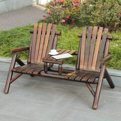 2-Seat Wooden Adirondack Chair, Outdoor Log Patio Loveseat With Built-In Table, Patio Bench Fire Pit Chair Porch Furniture Conversation Set For Deck L by Millwood Pines