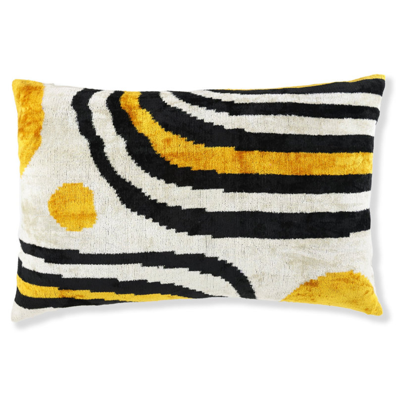 Coussin décoratif en velours jaune, noir et blanc - 16 x 24 po | Décoration de luxe faite à la main
