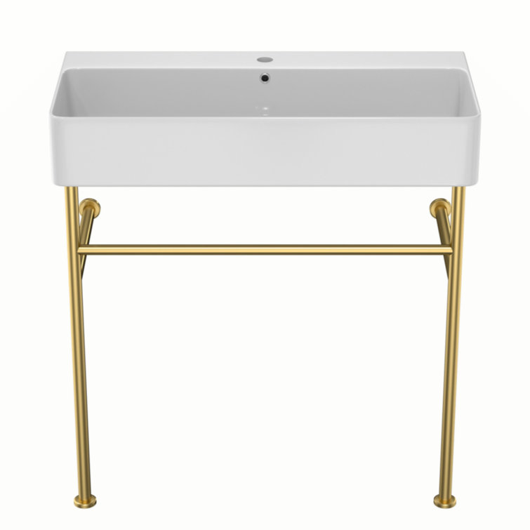 35" Bathroom Console Sink With Overflow,Ceramic Console Sink White Basin Gold Legs