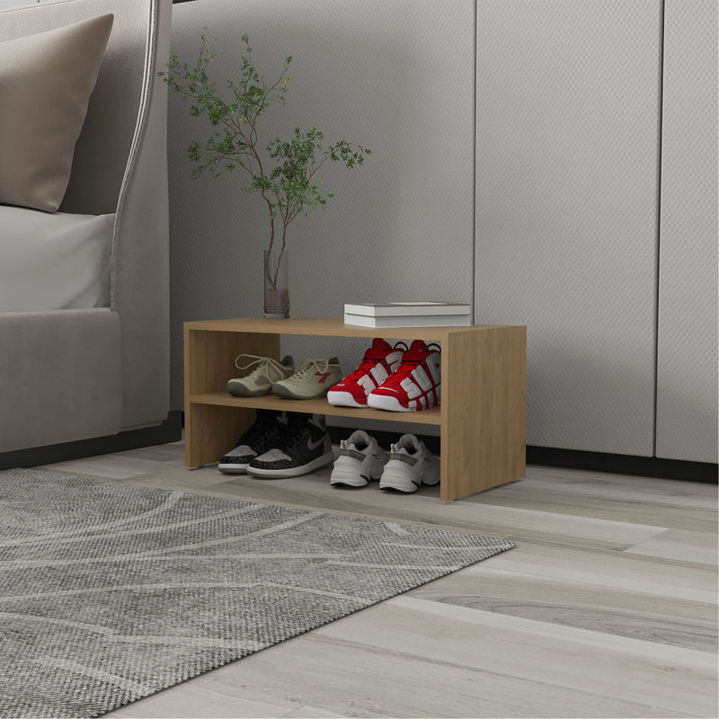Range-chaussures à 2 tablettes en chêne naturel, (2 tablettes) H 13,7 po x l 28,3 po x P 13,4 po, Marron clair