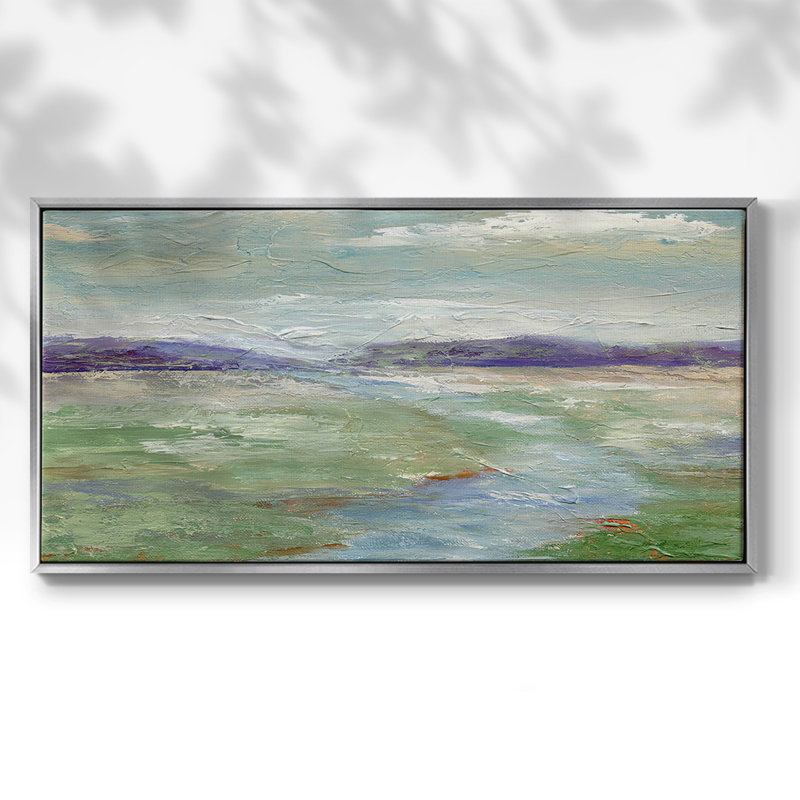 Meadow Stream I - Toile tendue avec châssis encadré - Prêt à être accroché, Argent argent, H 21 po x l 41 po