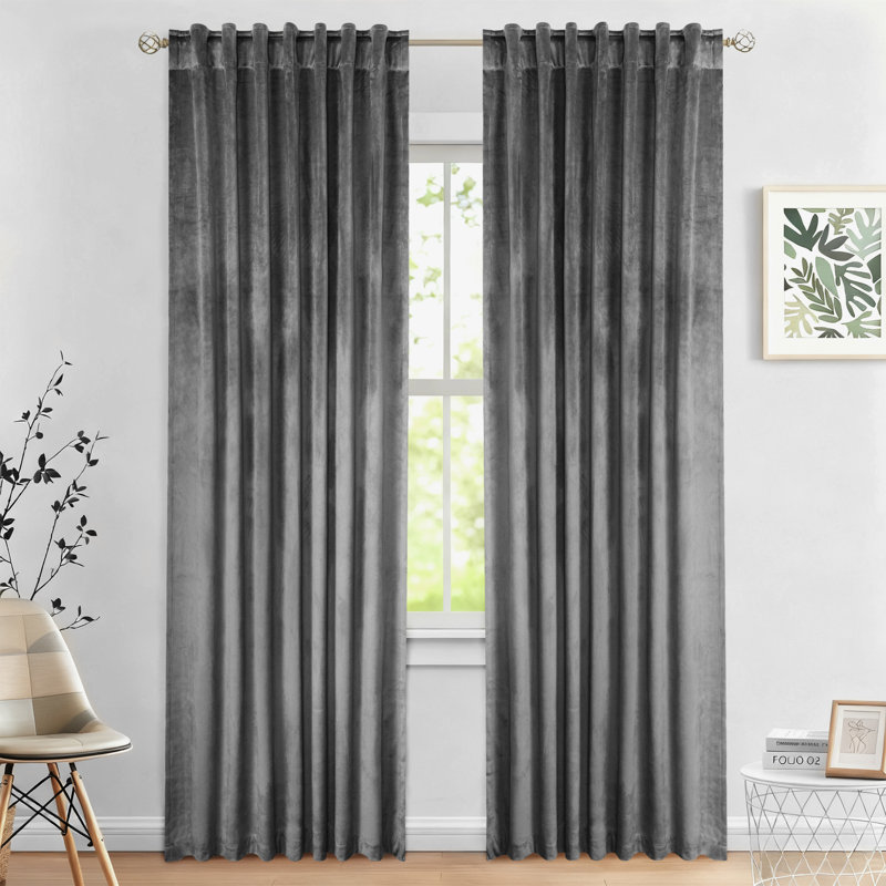Soft Luxurious Velvet Back Tab Blackout Room Darkening Curtain Pair, Gray, 52" W x 96" L