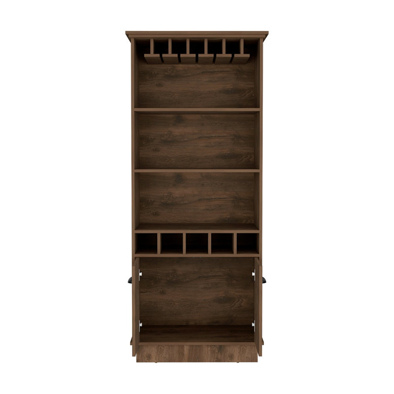 Bar 70 "avec support à vin, armoire en verre supérieure, trois tablettes de rangement ouvertes et une armoire, Brun