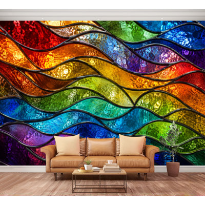 Wall Mural Peel and Stick Wallpaper Stained glass Effect seamless waves for window colored glass 3d Self-Adhesive Removable Contact Paper Wall Decor for Living Room Bedroom 100"H x 144"W