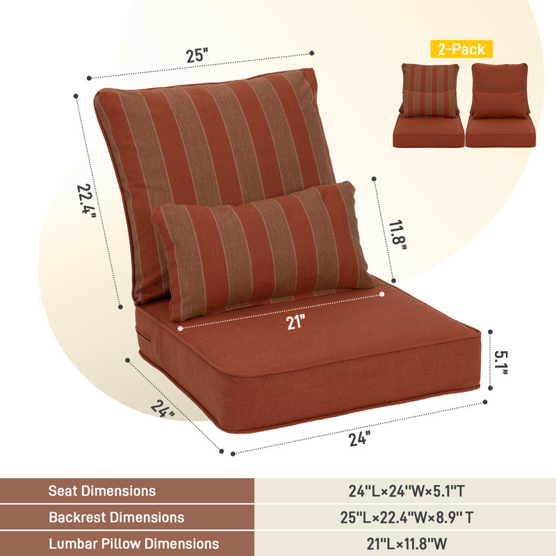 Lucy Outdoor Seat and Back Cushion（Set of 2 Seats, 2 Backs, 2 Pillows), Red Striped