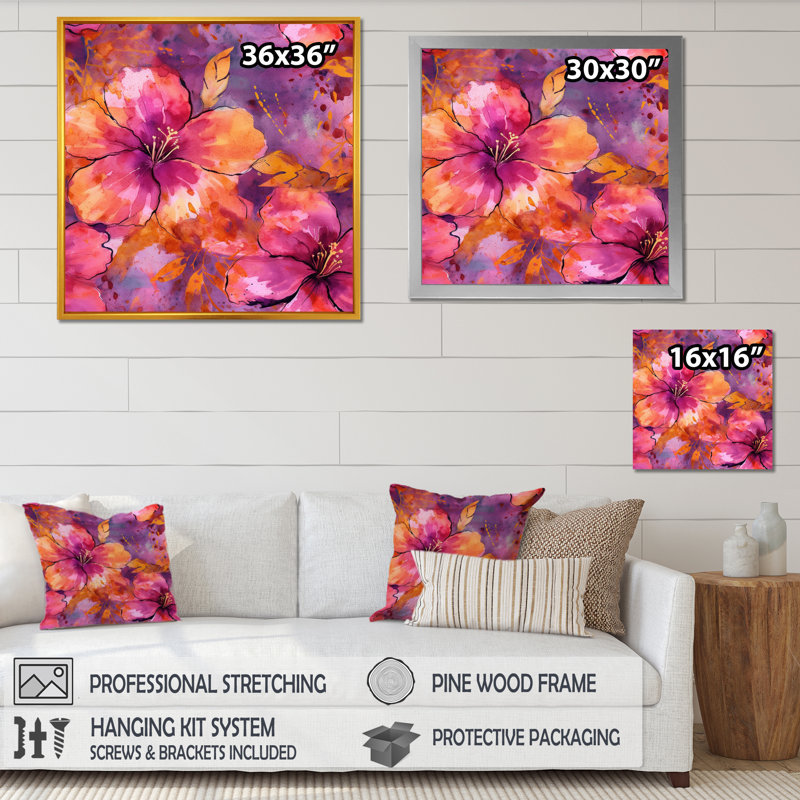 Rubianas, pétales d'hibiscus sur toile, Cadre photo noir, H 16 po x l 16 po x P 1 po