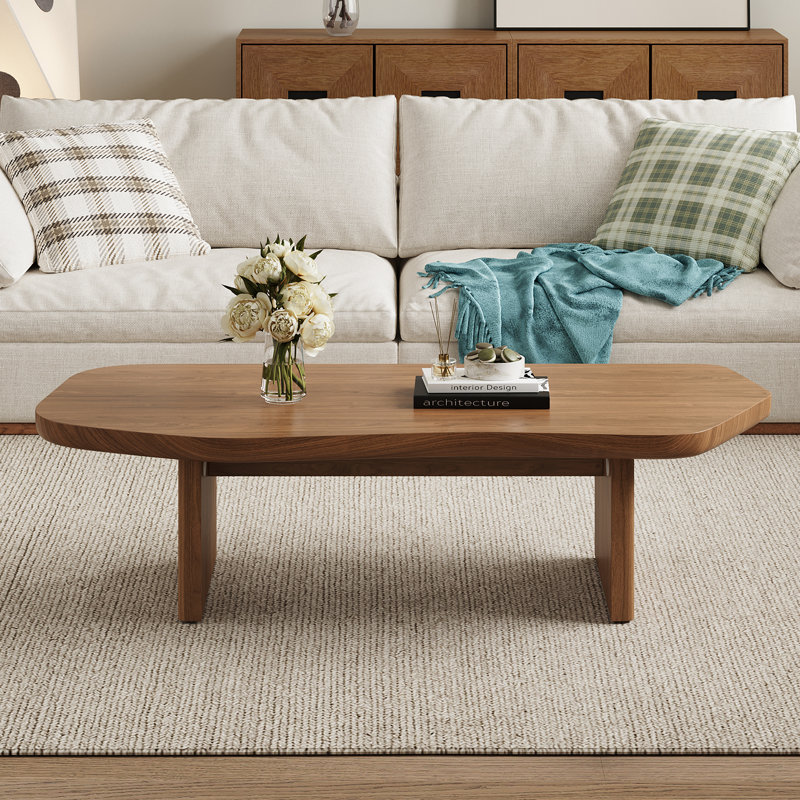 47" Mid Century Brown Wood Coffee Table with Free Form Table top, Double Wood Legs for Living Room