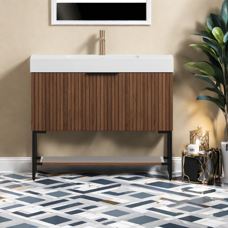 Meuble-lavabo robuste en bois avec lavabo, conception autoportante moderne pour la salle de bain