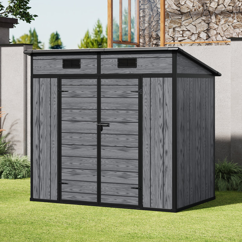 Dark grey wood grain plastic tool shed