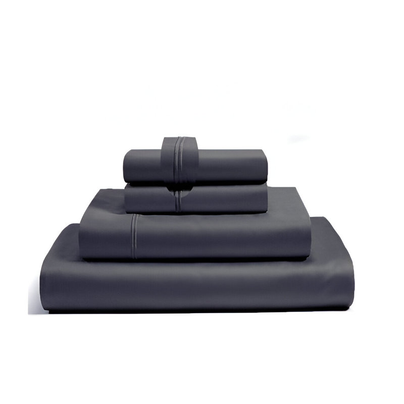 400TC Luxurious Double Embroidery Sateen Solid Cotton 4 Piece Sheet Set Fitted Sheet Fits Upto 16" Deep Pocket, Black