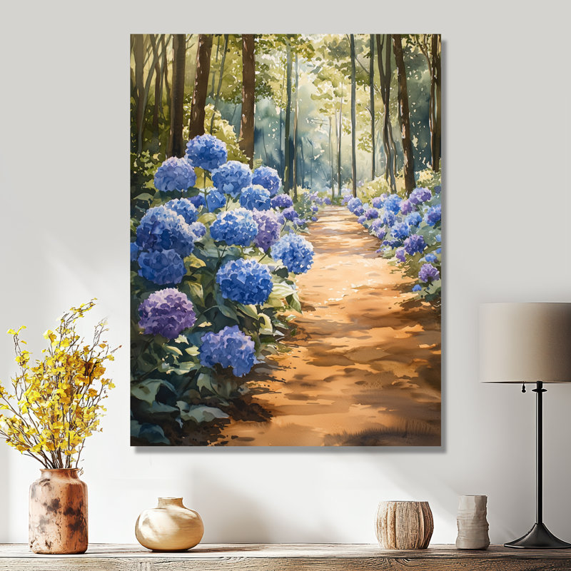 Hydrangeas in the Garden Path I - Hydrangea, impression murale sur métal, H 40 po x l 30 po