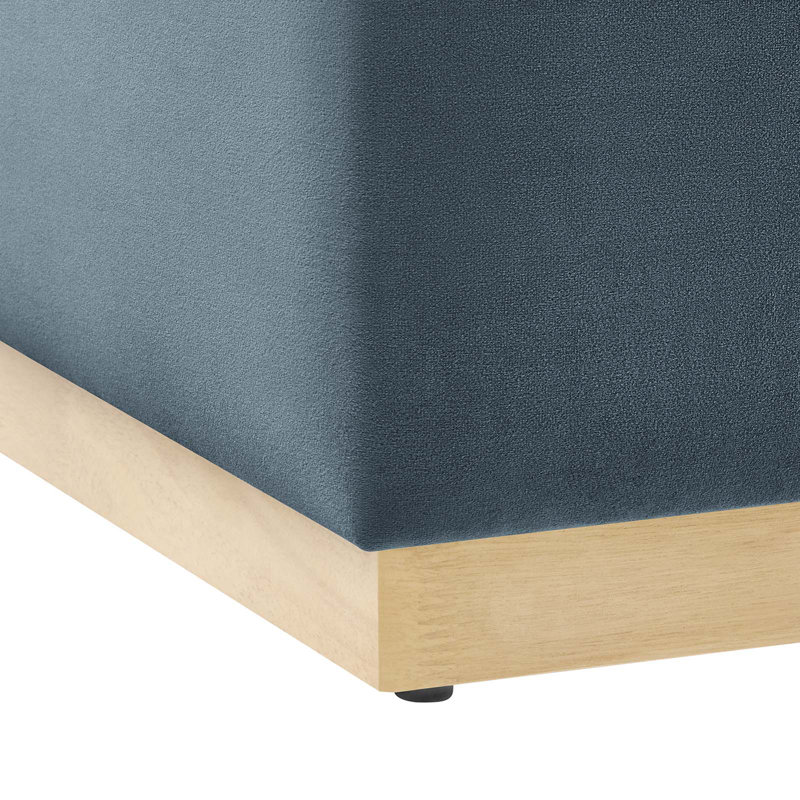 Cadet Blue Velvet Upholstered Square Ottoman with Rubberwood Base
