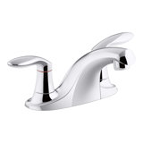 Coralais® Two-Handle Centerset Bathroom Sink Faucet with 0.5 gpm Vandal-Resistant Aerator and Red/Blue Indicator, Less Drain