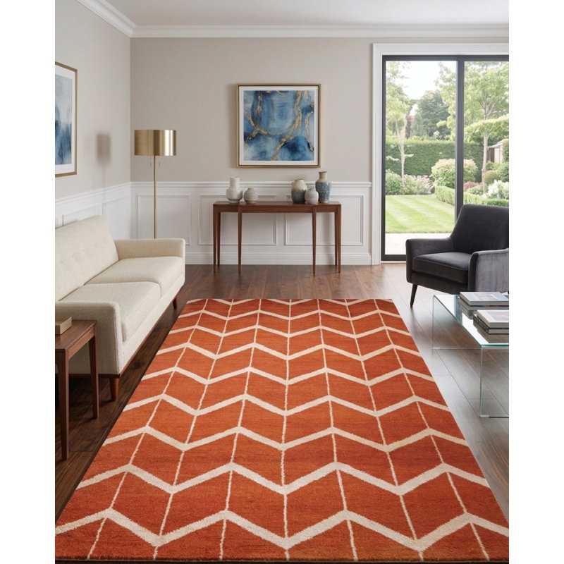 Rouge | Tapis d'intérieur beige géométrique en laine noué à la main, Rectangle 5 pi x 8 pi