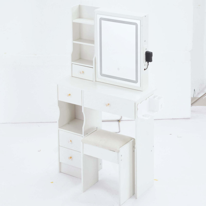 Petite coiffeuse avec tiroir de gauche et tabouret rembourré, 2 blocs d'alimentation AC + 2 USB, support pour sèche-cheveux, très grand miroir à DEL coulissant à contrôle tactile, changement de couleur, réglage de la luminosité