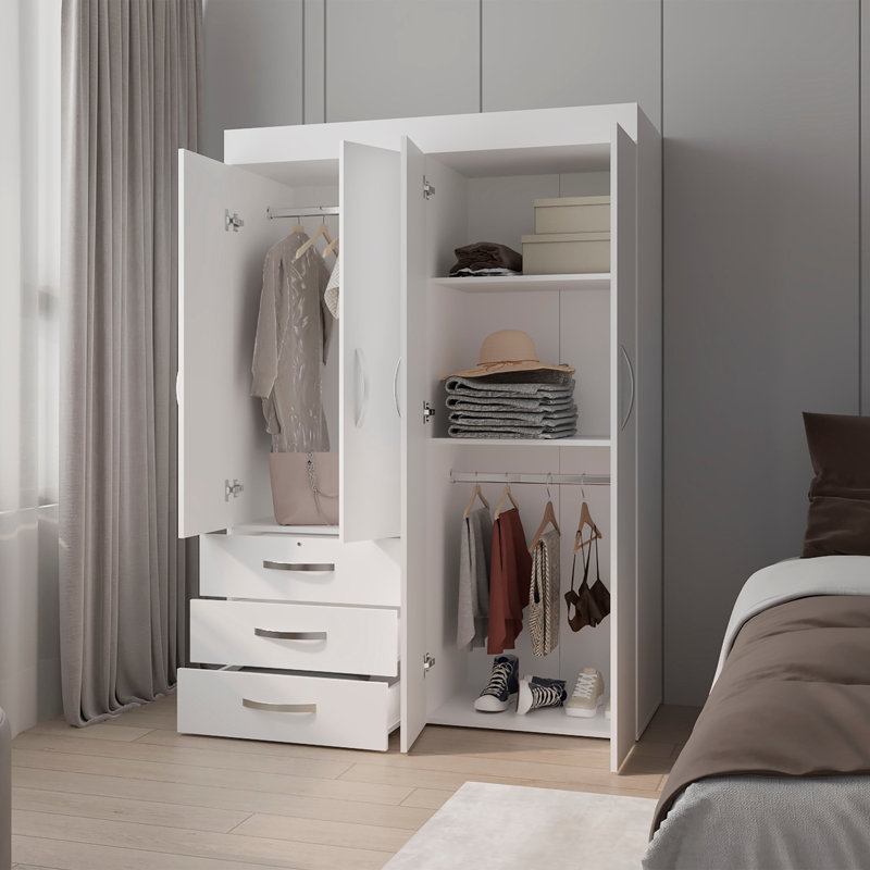 Armoire mobile Denver avec tringles, armoire double porte, 3 tiroirs et 2 tablettes, wengé noir, Blanc