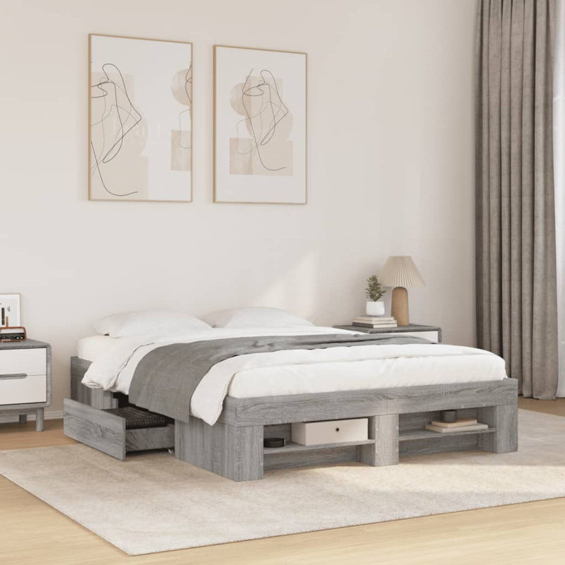 Drawers Bed Frame, 140 x 190cm, Grey Sonoma