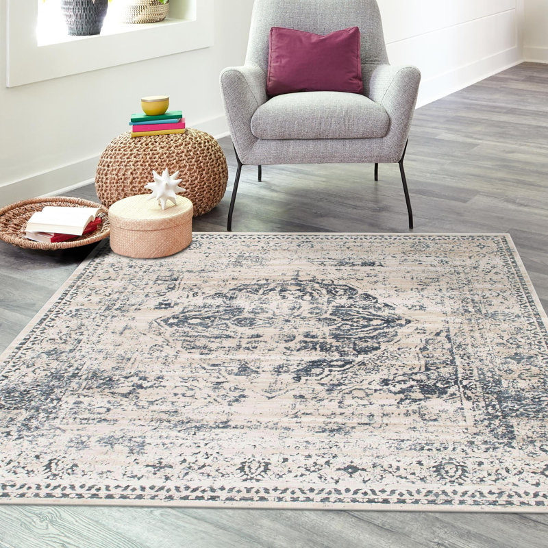 Arkeen Oriental Dark Blue/Beige/Ivory/Gray Area Rug, Square 6'1"