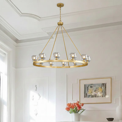 Durkin 12-Light 48" Dimmable Wagon Wheel Chandelier with Glass Shade