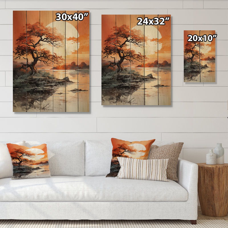 «Orange Tree Moon Silhouette Landscape I» sur impression sur bois, H 20 po x l 10 po x P 0,78 po