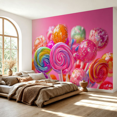 Wall Mural Peel and Stick Wallpaper Colorful Candy Lollipop Bright Sweet Treats Glossy Self-Adhesive Removable Contact Paper Wall Decor for Living Room Bedroom 69"H x 96"W