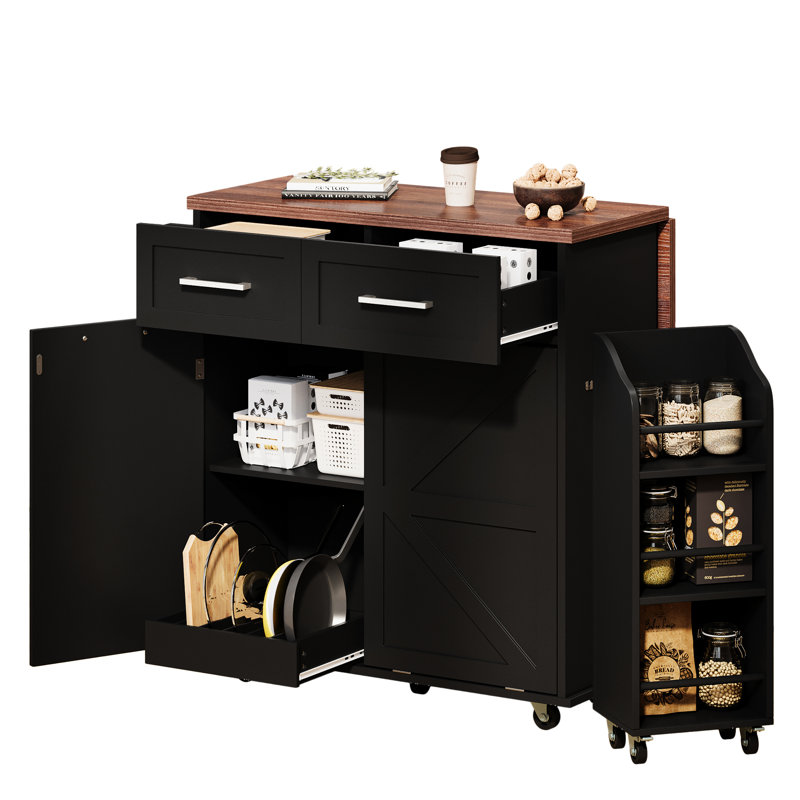 Style Kitchen Island, Drop Leaf, 2 Drawers, 9 Wheels, Adjustable Shelf 47.2-Inch Island With Removable Mobile Side Shelf, Pot Organizer, And Lockable Wheels For
