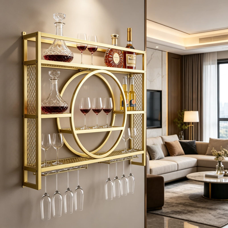Support à vin mural avec porte-verre - étagère de bar en métal à 3 niveaux pour présentation de bouteilles d'alcool, rangement flottant durable pour bar à domicile, cuisine ou salle à manger