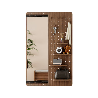 Wall Mounted Full Length Mirror, Full Body Mirror With Shelf, Full Body Mirror With Hook Wall Mounted Mirror With Multifunctional Design Panel, Bedroom/Living Room/Entrance Walnut (47.6*15.7In)