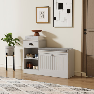 Shoe Storage Bench, Modern Wooden Shoe Cabinet With Flip Drawer And Adjustable Shelf,Pebble Grey