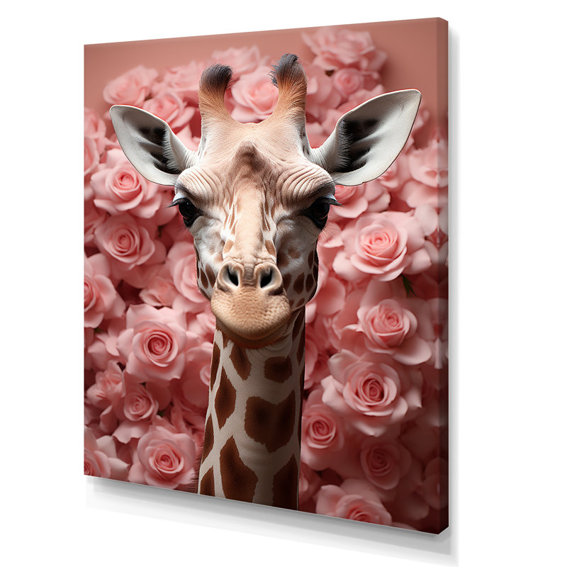 Girafe rose, position romantique II sur toile, Toile tendue, H 44 po x l 34 po x P 1,5 po