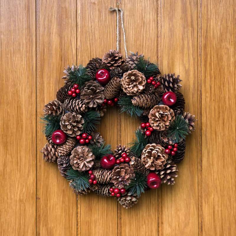 Christmas Hanging Wreath Large - Festive Pine Cone Display with Red Berries, 37cm x 37cm