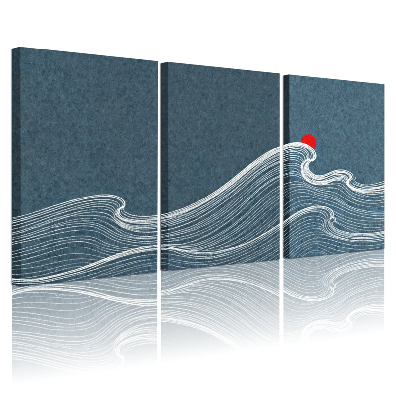 Ensemble de 3 impressions sur toile, motif nautique et plage avec point rouge sur fond bleu, H 30 po x l 60 po