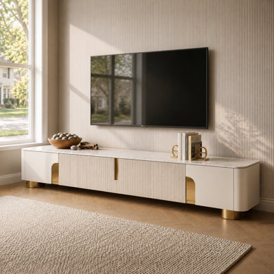 Harkless 78.74'' Luxury Marble Beige TV Stand with 4 Cabinets and Elegant Gold Legs, Fully Assembled 