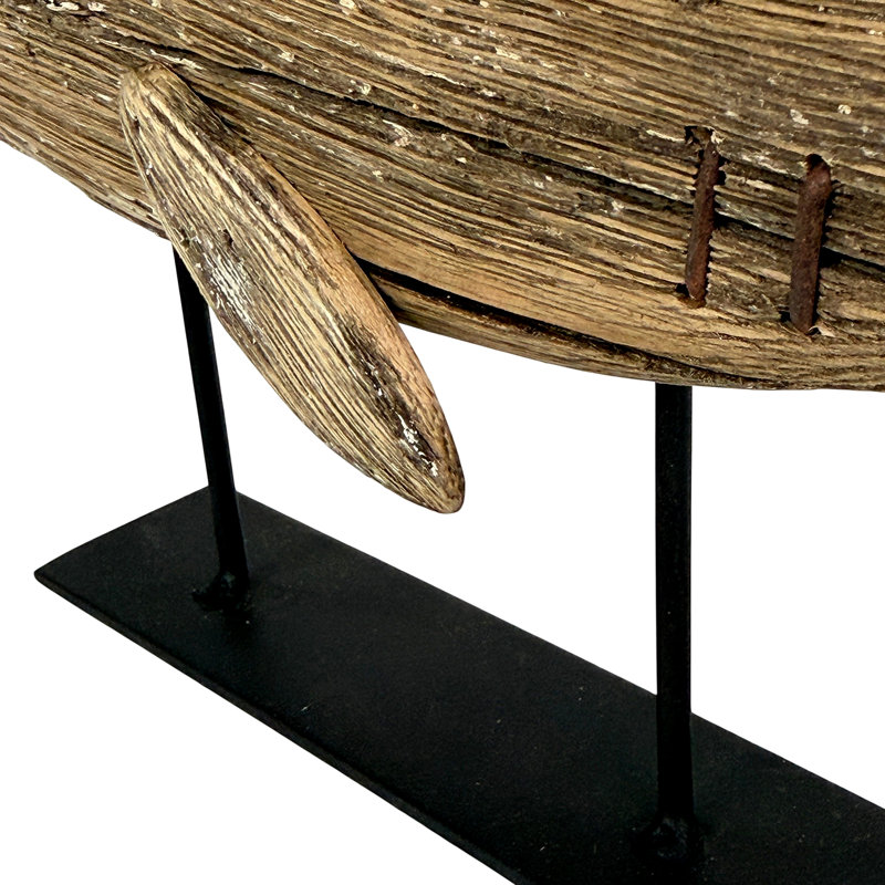 Statue de cachalot côtier en bois sur support en métal noir avec patine blanche naturelle, décoration rustique pour étagère, 34 cm de large