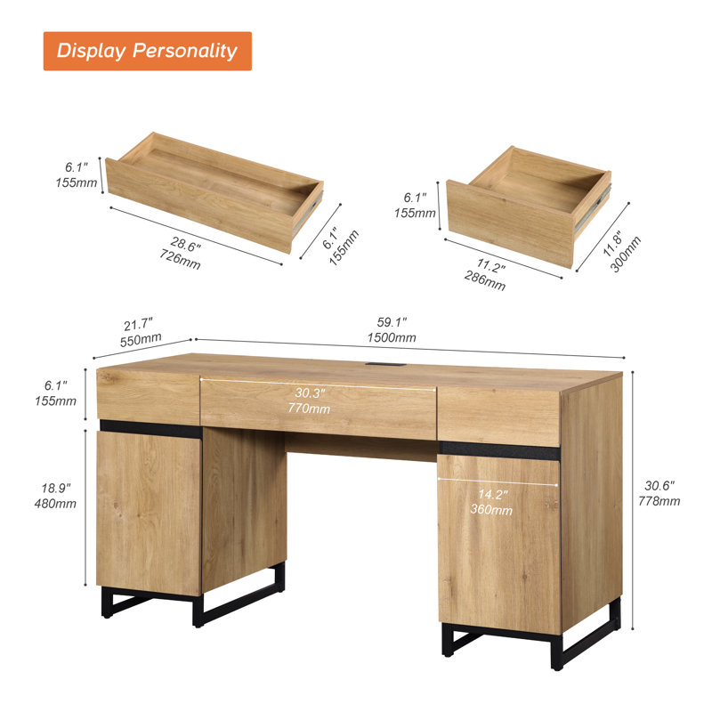 WAMPAT Home Office Furniture Set: 59" Executive Desk With Charging Station And Storage Cabinet, 72" Tall Bookcase, Modern Computer Desk And Library Shelf For Work Study