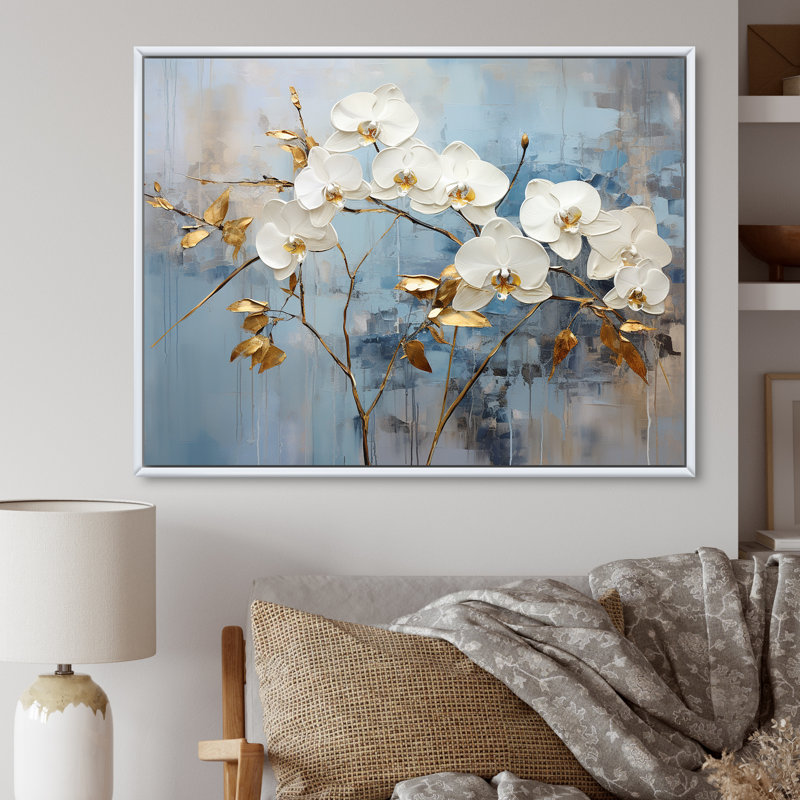 «Blue and Gold Orchid Bloom I», art mural orchidée, Cadre flottant blanc, H 30 po x l 40 po x P 1,5 po