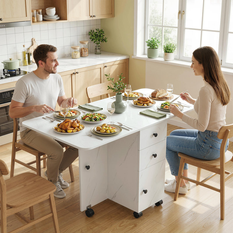 Foldable Dining Table, Drop Leaf Table on Wheels, Marble White