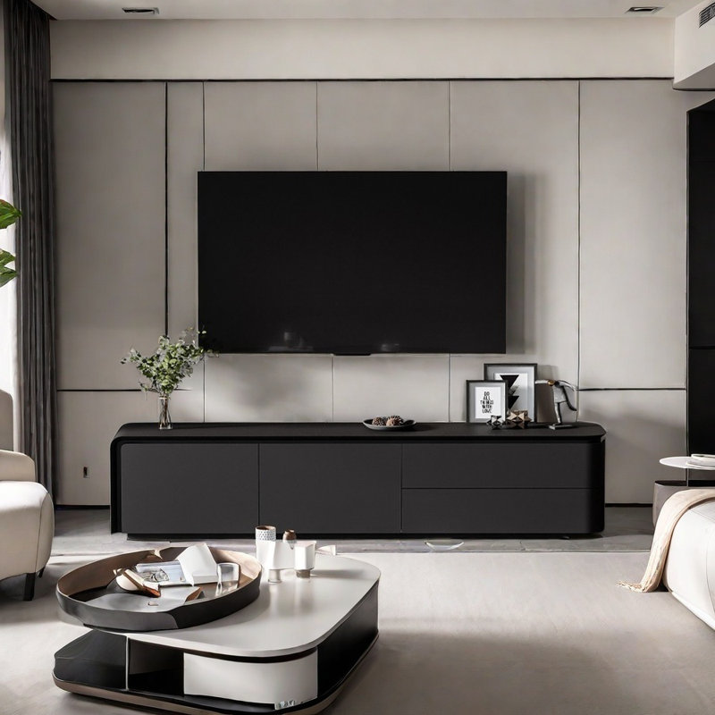 Meuble télé ouvert avec grand rangement, 86.61", Noir, noir, noir, noir